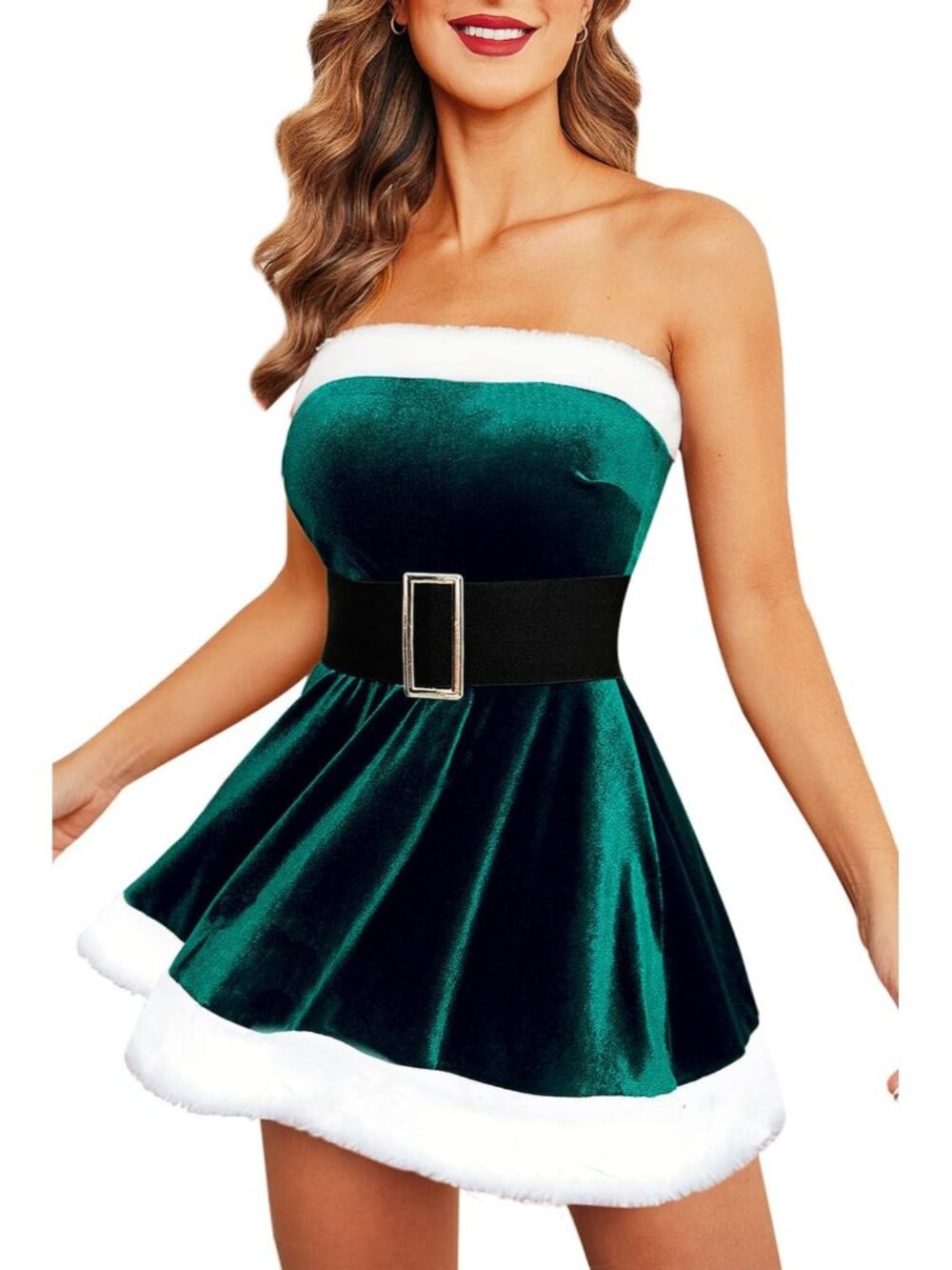 Women's Green Casual Strapless Christmas Mini Dress Velvet Santa Belt Costume